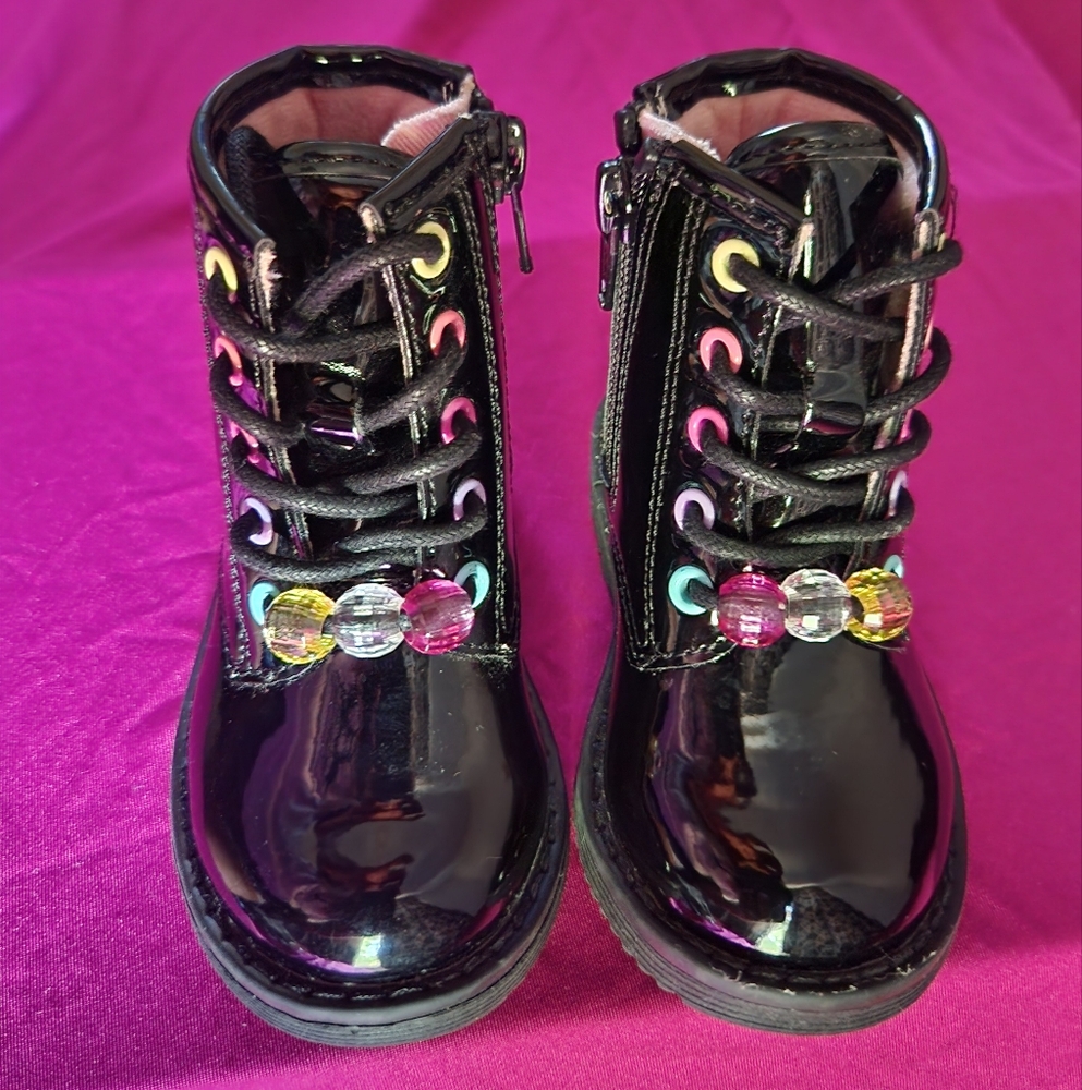 The Children's Place Black and Pink Combat Boots with Glossy Finish - Picture 4 of 11